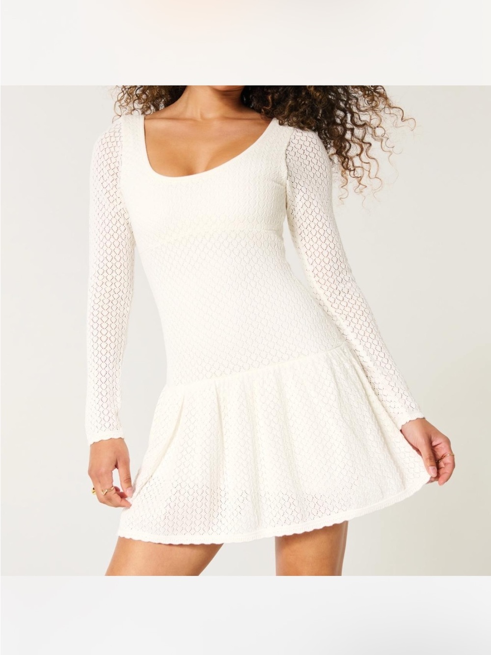 Hollister Long Sleeve Scoop Neck Eyelet Knit Mini Dress in White